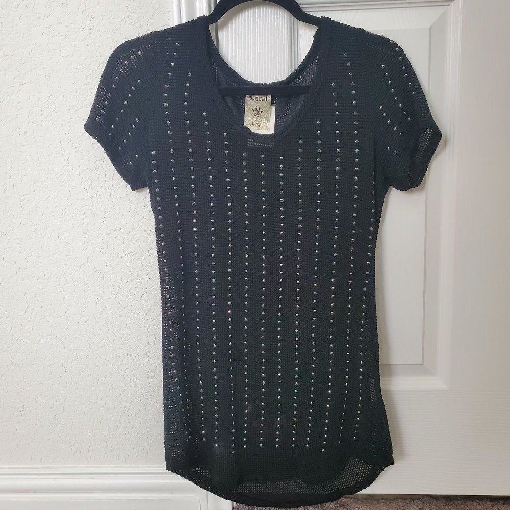 VOCAL black bling rhinestones shirt size s, womens slimming sexy slenderizing